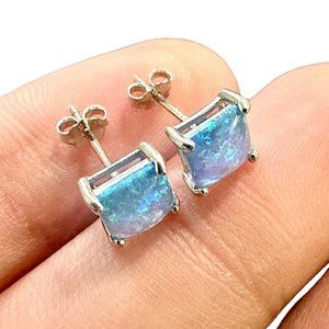 925 Sterling Silver Blue Fire Opal Earrings 6MM Created Stud Earrings for Women